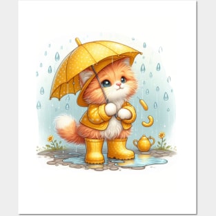 Cute cat in rain boots with umbrella Posters and Art